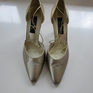 Stuart Weitzman gold evening heels, rhinestone clip